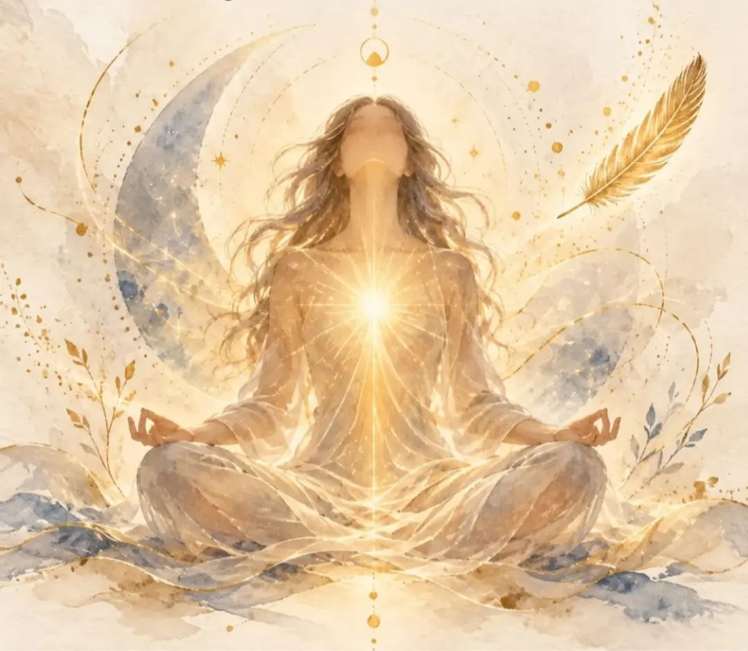 Mujer meditando con luz dorada en el corazón, ilustración en acuarela